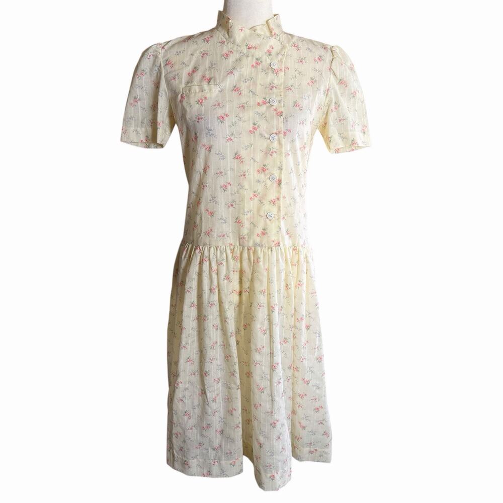 Vtg 80s Midi Dress Floral Puff Sleeves S Cottagecore Retro Feminine Schoolgirl - Picture 2 of 10